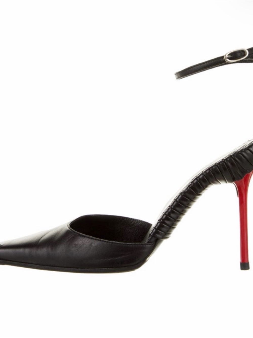 Authentic Roberto Cavalli Leather Pointed-Toe Ankle-Strap Pump with Red Heel